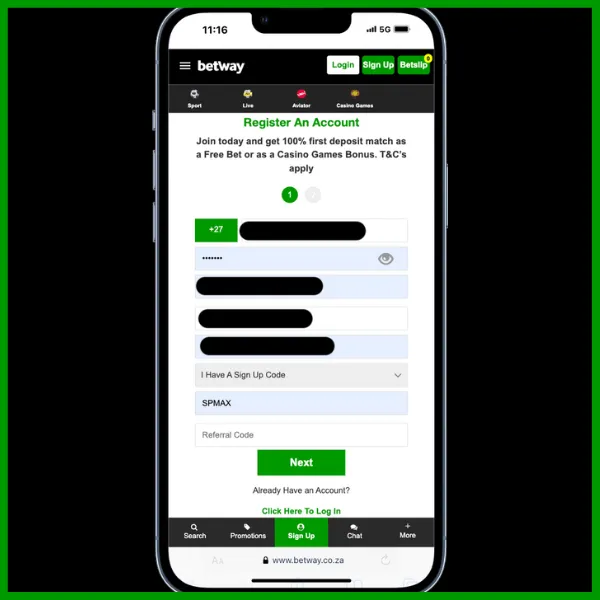 betway registration step 2, fill in your personal details