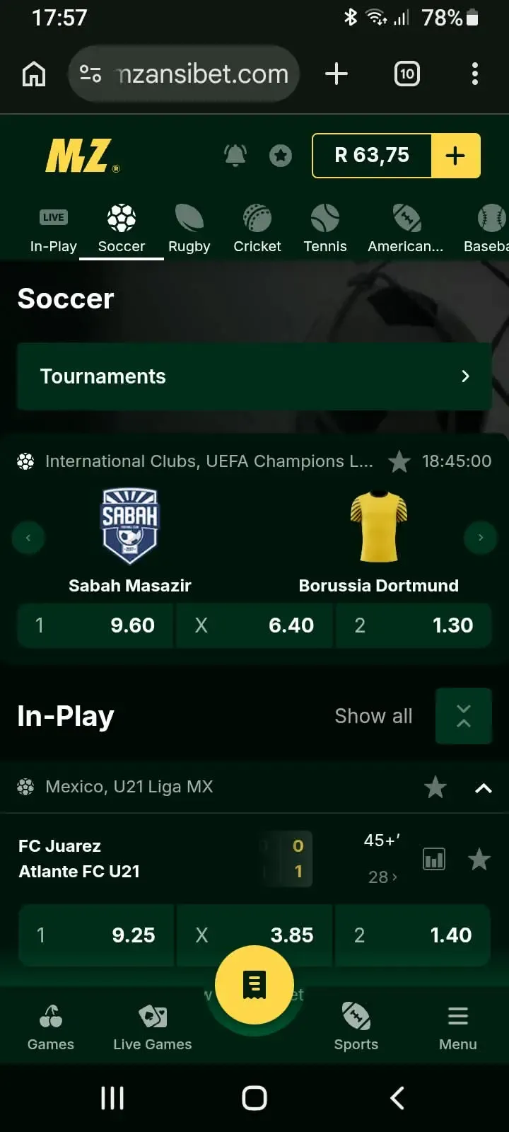 Mzansibet mobile app layout highlighting live in-play sports odds on new betting sites