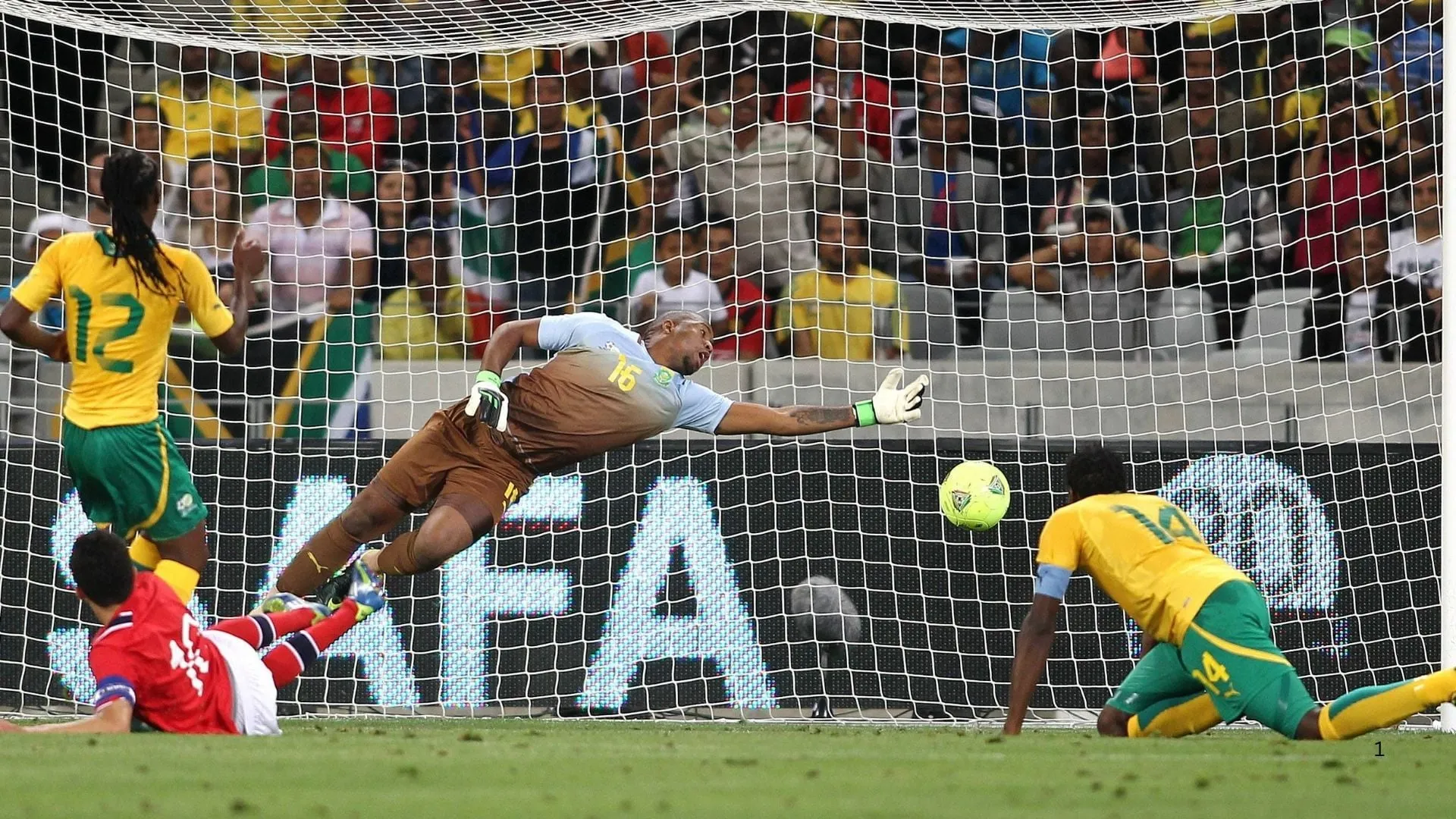 Itumeleng Khune saves for Bafana Bafana.
