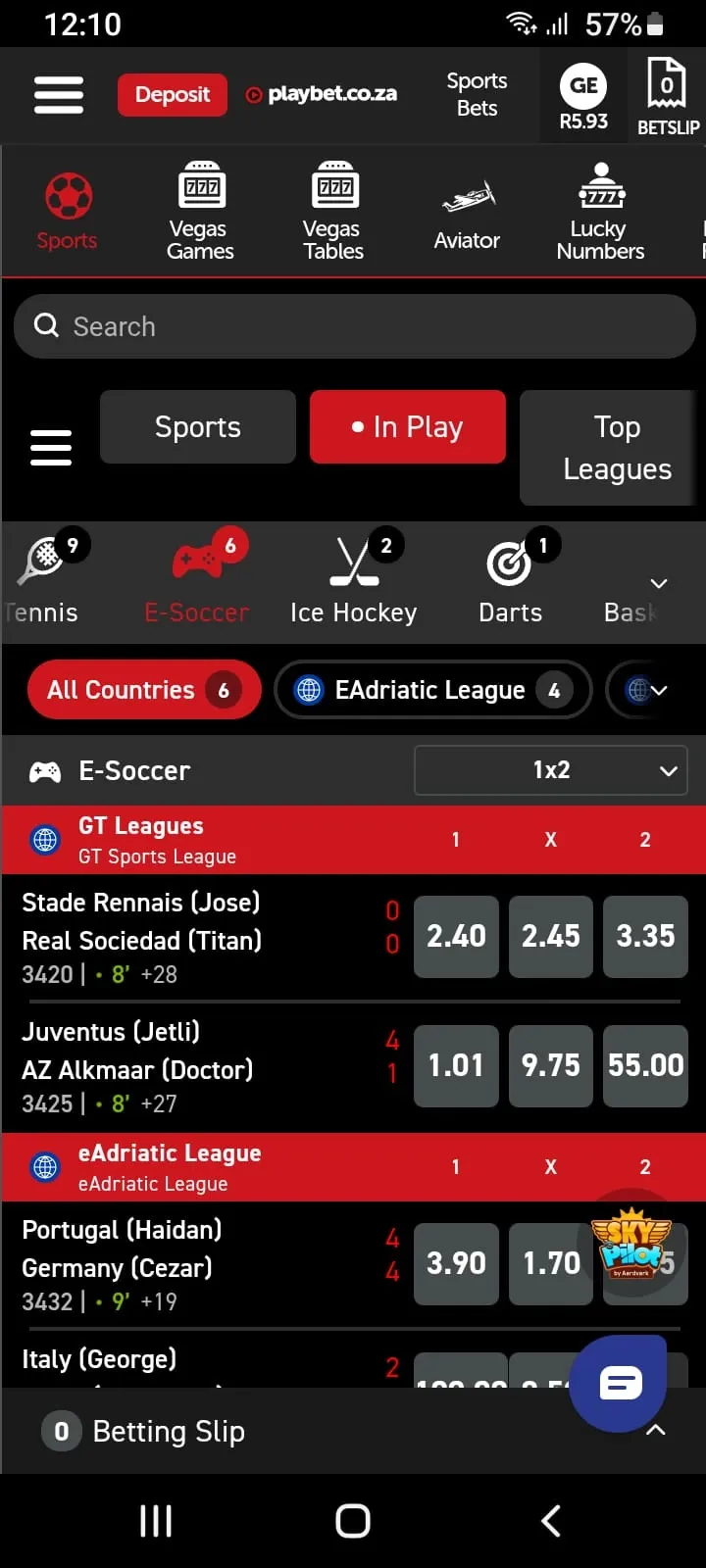 Playbet app in-play tab showing ongoing eSoccer matches in GT League and eAdriatic Legaue