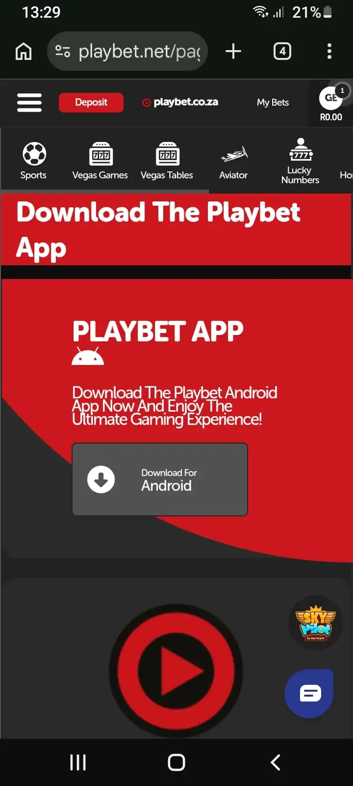 Playbet app download page with main button for 64-bit APK
