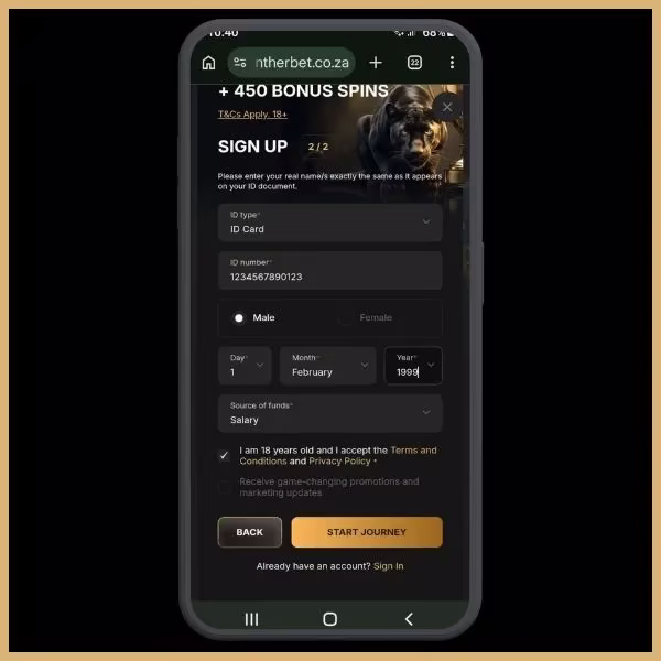 Pantherbet sign up step 5: Second page of sign up form with details filled and Ts & Cs accepted.
