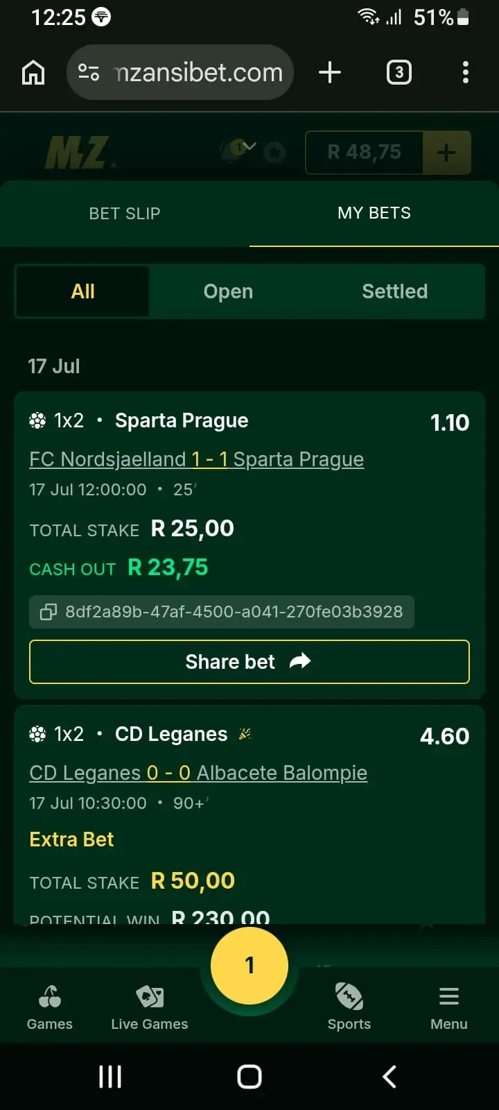 Mzansibet betslip showing cash out feature from before a game goes live. R23.75 taken from R25 stake.