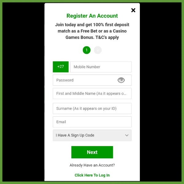 Betway ZA Registration form featuring fields for mobile number, password, full name, email, and an optional sign-up code. The form highlights a 100% first deposit match offer, which can be claimed as a free bet or a casino games bonus, with terms and conditions applied.