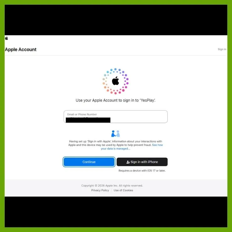 Yesplay register online login page showing Apple account sign-in option.