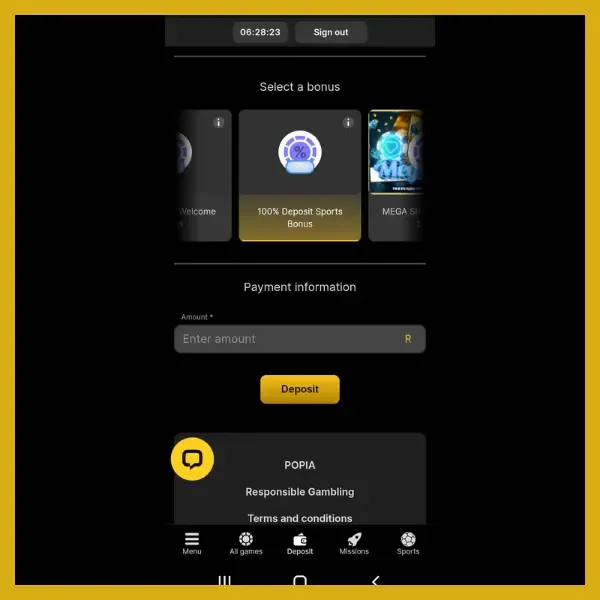 Wanejobets bonus activation screen with sports bonus selected. 