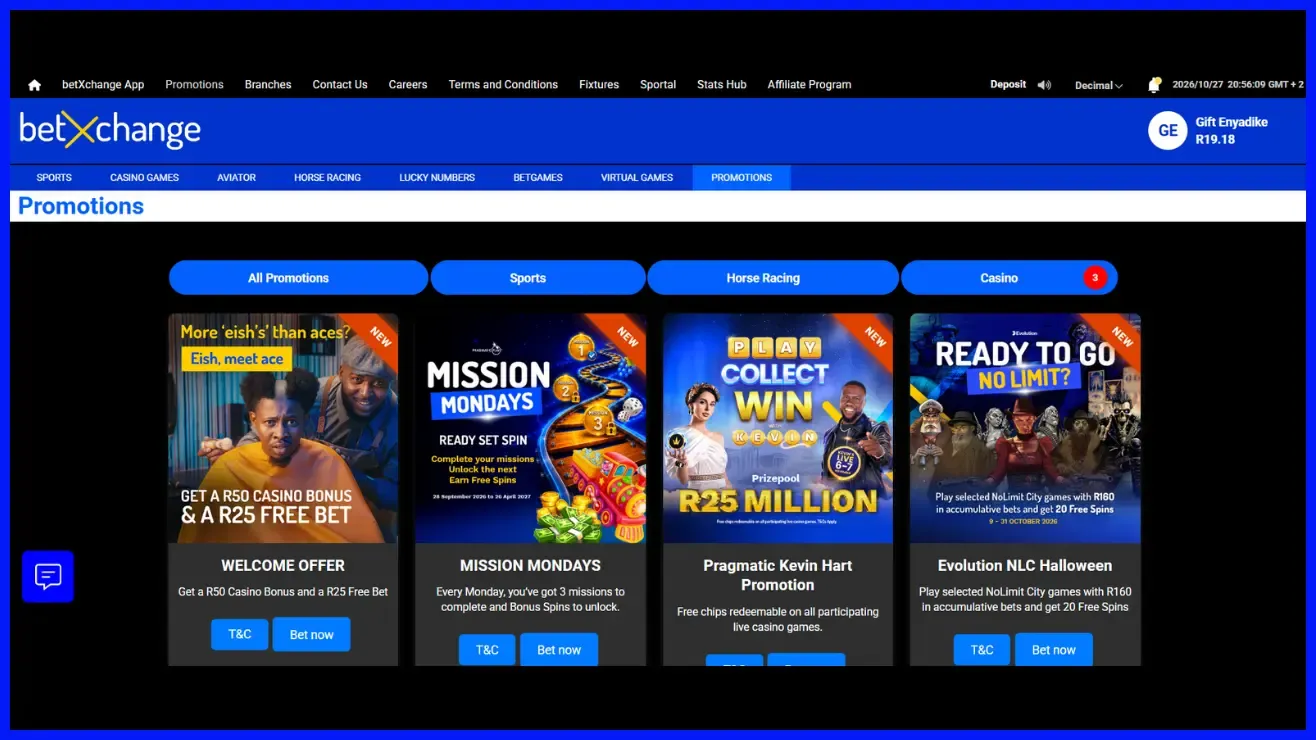 Ongoing Promotions Page showing BetXchange welcome bonus, Mission Mondays, Pragmatic Play Kevin Hart competition, Evolution NLC Halloween