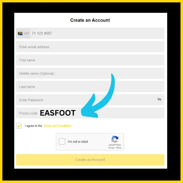 Easybet promo code EASFOOT entered in the Easybet registration form 