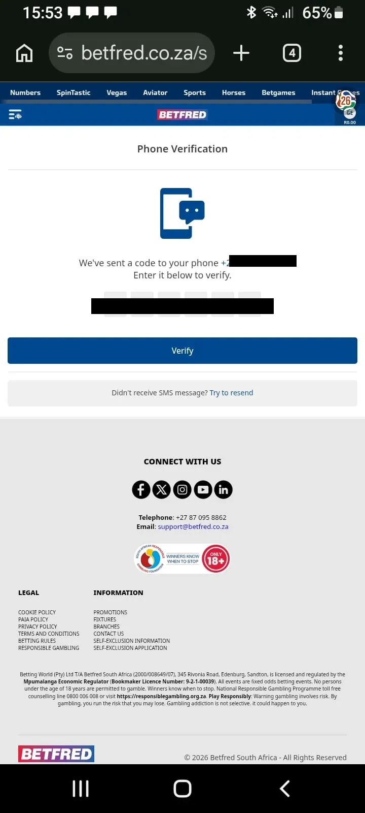 Betfred Phone Number verification page asking for 6-digit OTP sent via SMS.