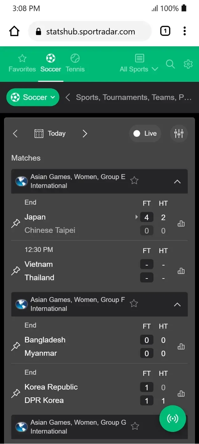 Embedded Sportradar Stats Hub interface on Firstbet mobile displaying live scores and statistics for international soccer matches.