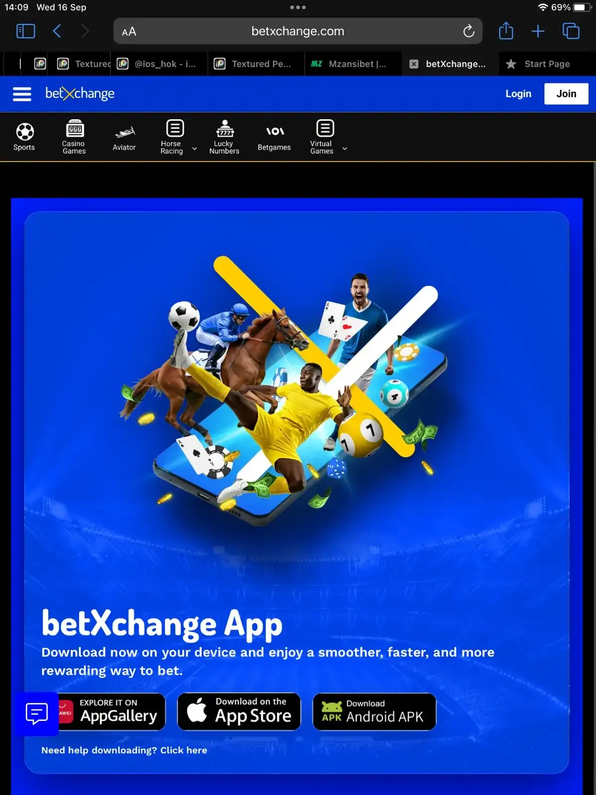  BetXchange mobile app download page in Safari showing download links for Huawei AppGallery, Apple App Store, and Android APK.