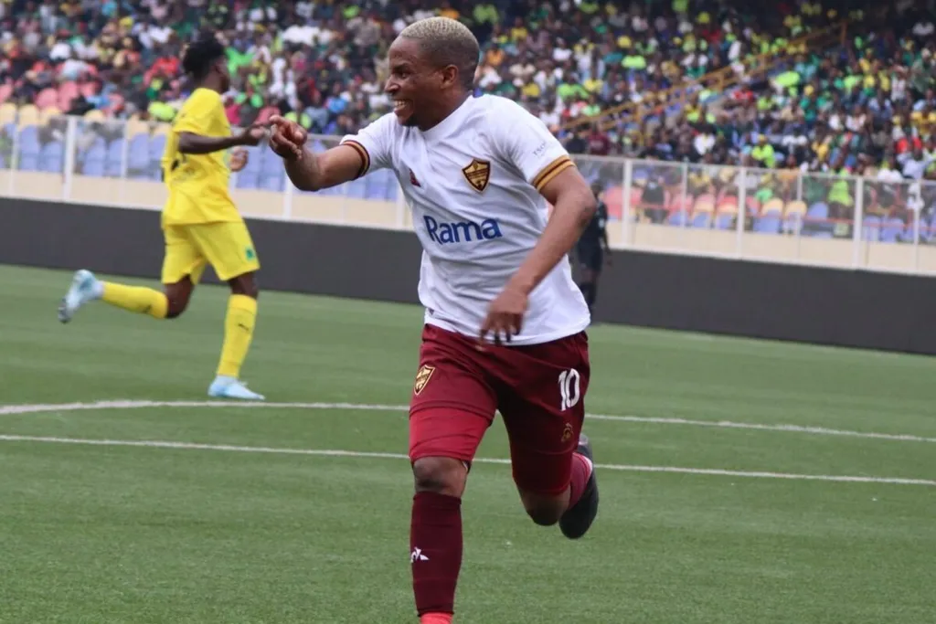 Lehlogonolo Mojela celebrates his goal against AS Vita. Photo - Stellenbosch FC