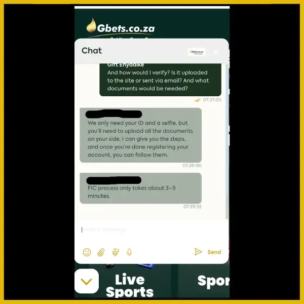 Gbets review: Live chat with customer support