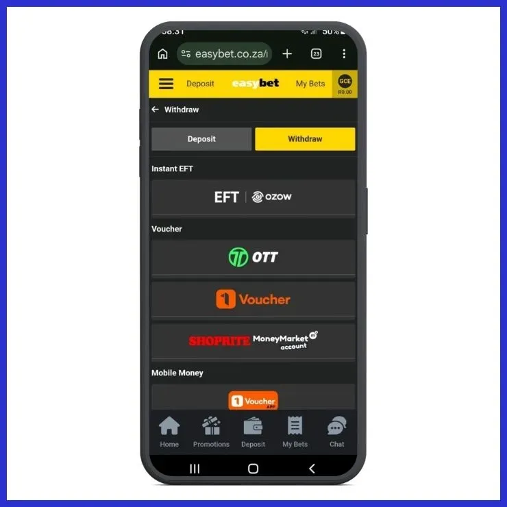 Easybet app withdrawal screenshot showing Ozow, OTT, 1Voucher, and Shoprite Money Market.