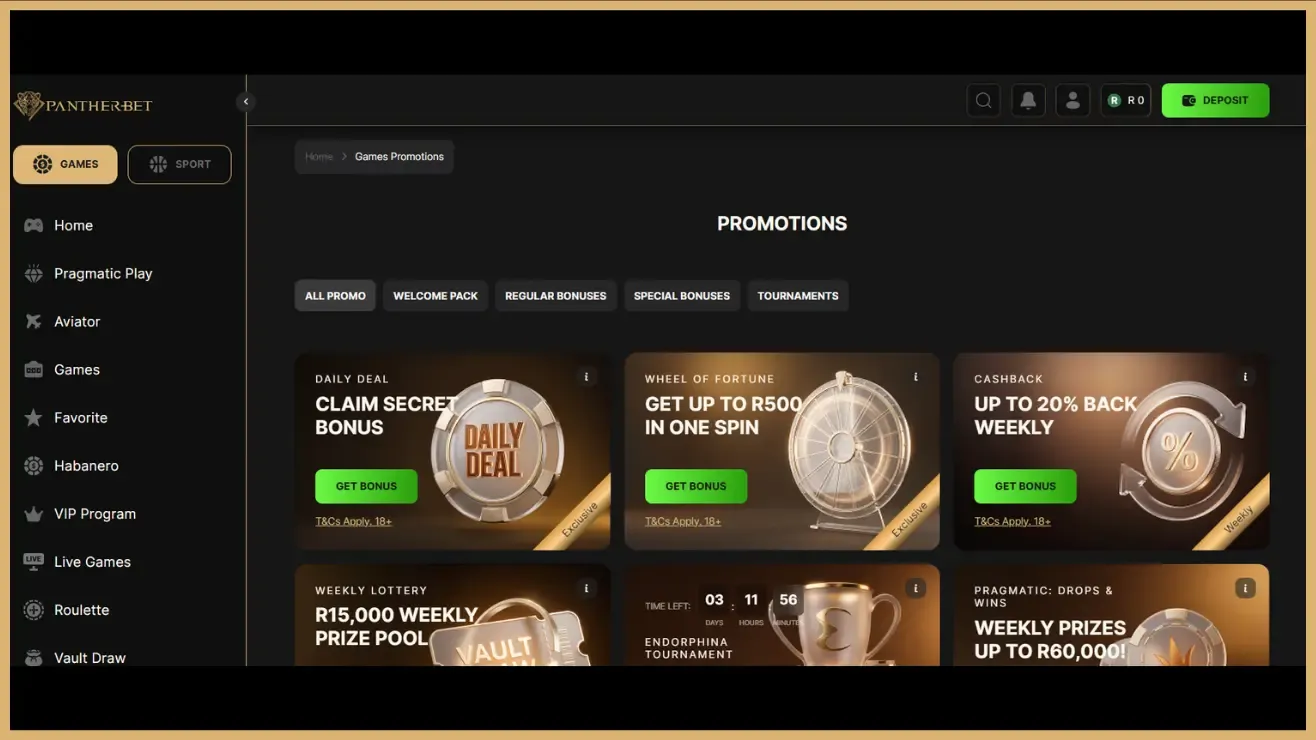 Pantherbet Games Promotions Page for existing users