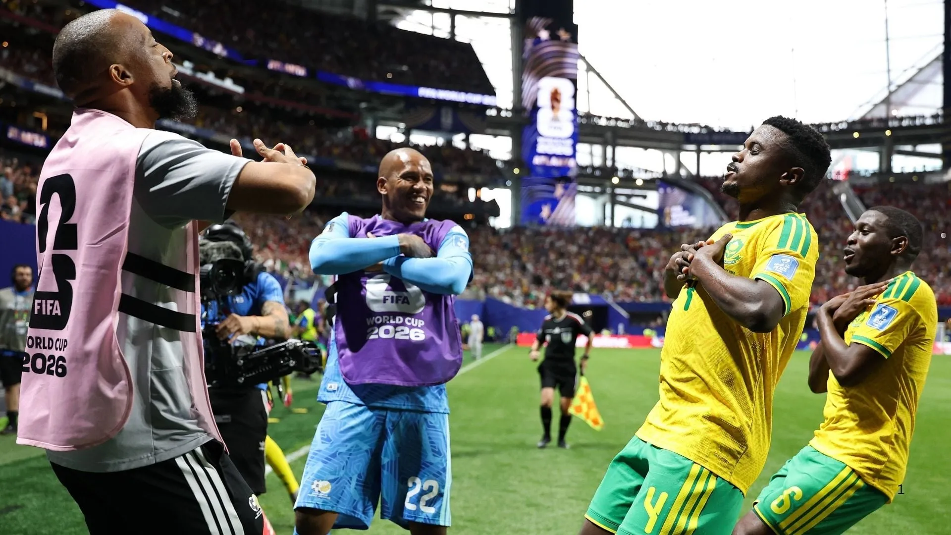 Teboho Mokoena celebrates his goal against Czechia at the 2026 World Cup.