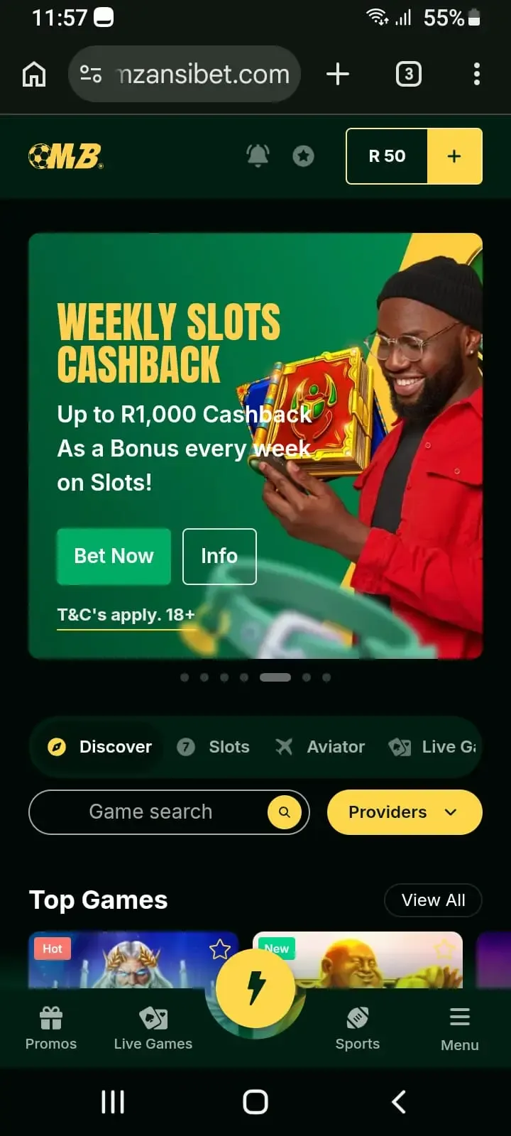 Mzansibet casino lobby showing weekly slots cashback up to R1000