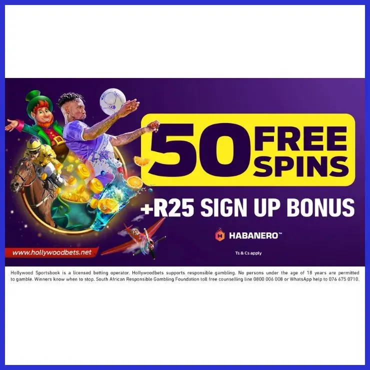 Hollywoodbets, one of the best South African online casinos, welcome bonus: R25 free bet and 50 free Habanero spins.