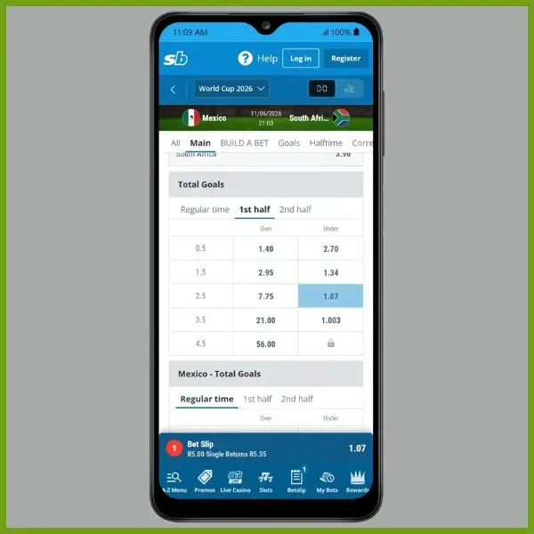 Screenshot of Total Goals market on Sportingbet sportsbook illustrating the under 2.5 goals in the 1st half selected
