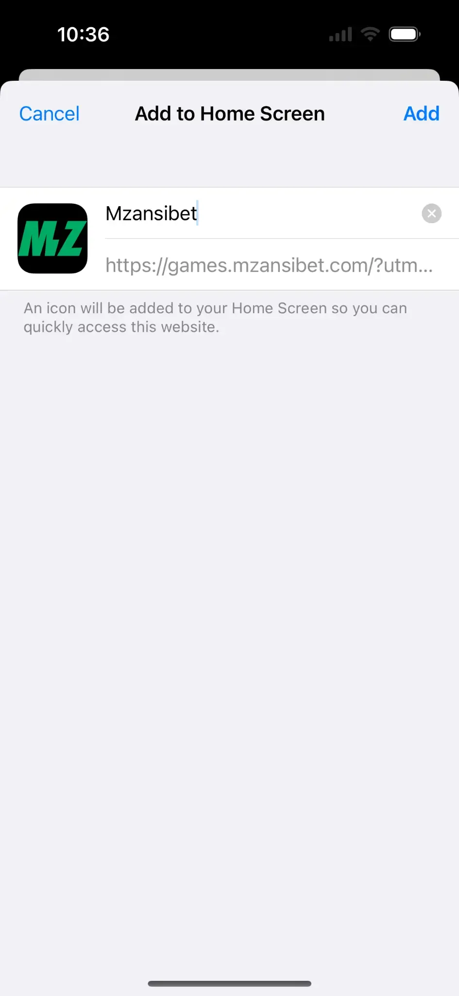 Mzansibet app shortcut in Share menu with Add in the top-right.