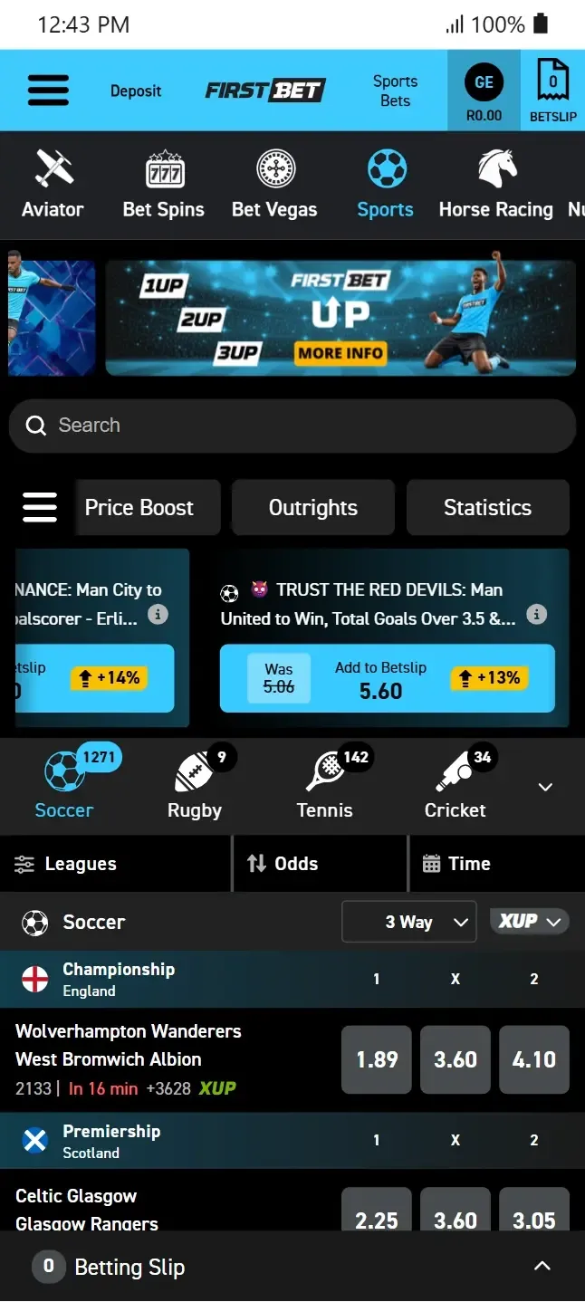 Mobile sportsbook market view for Firstbet review featuring price boost offers, sport category tabs, and XUp market tags on English Championship and Scottish Premiership soccer matches.