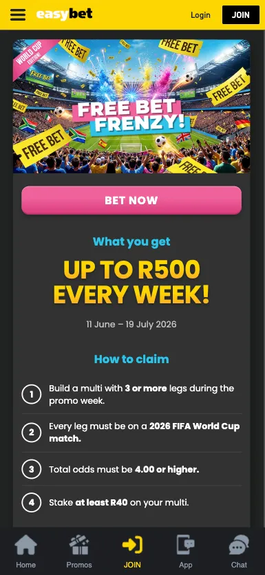 Easybet World Cup Betting Offer for up to R500 weekly free bet