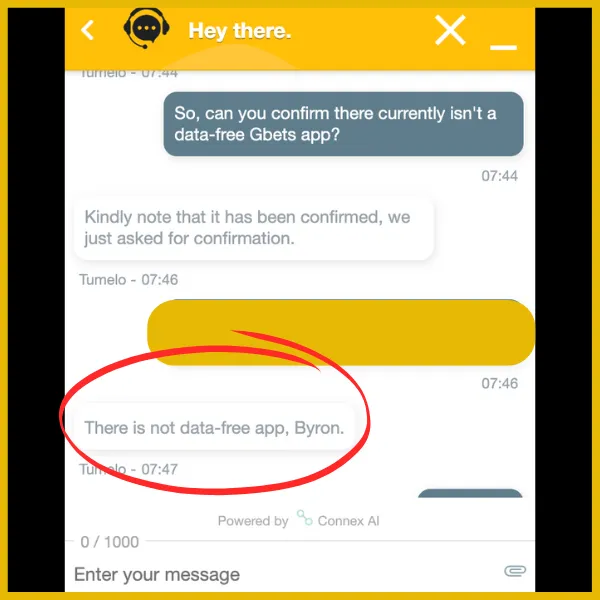 Red circle around customer support chat indicating no data-free app for Gbets