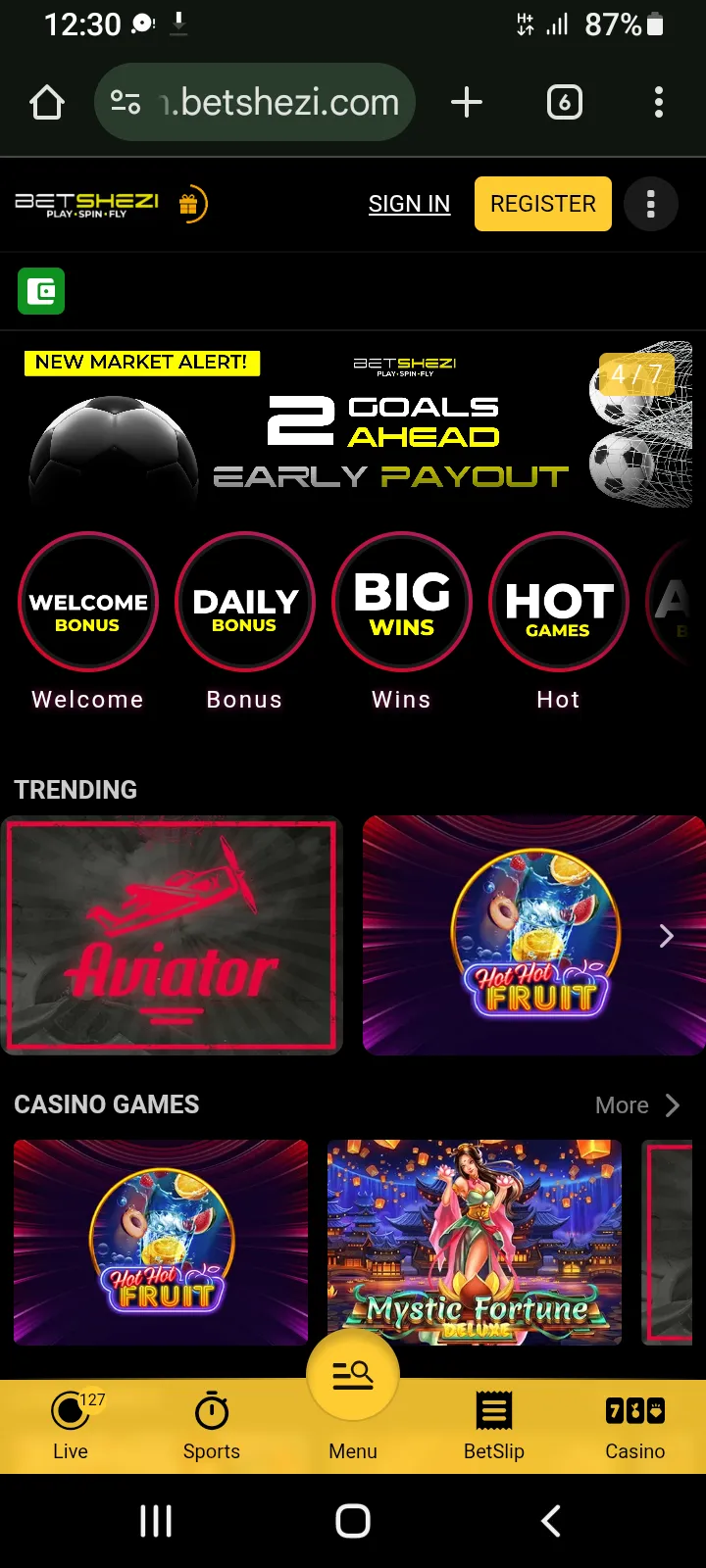 Screenshot of Homepage for BetShezi Review, showing Register and Sign In buttons on the top right