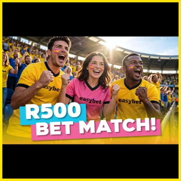 Easybet R500 bet match promotion banner showing happy fans in a football stadium.
