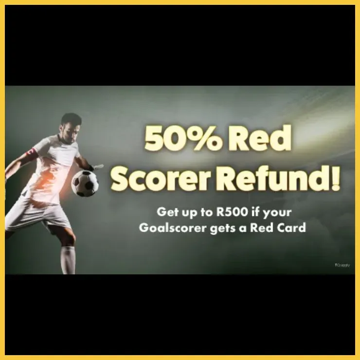 Gbets Red Card Stakeback promotional banner offering R50% stakeback if your chosen Goalscorer gets red-carded.