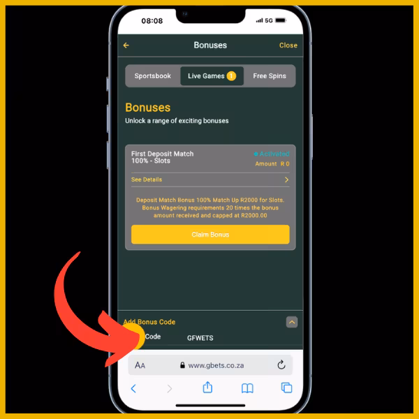 Screen showing the Bonuses section with a "Claim Bonus" button to claim the First Deposit Match bonus by entering the Gbets promo code GFWETS.