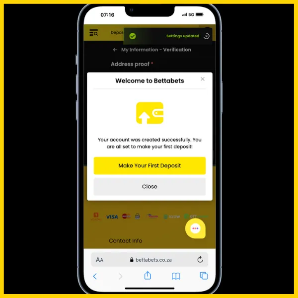 Welcome to Bettabets pop-up. Includes options for Make Your First Deposit and Close. 