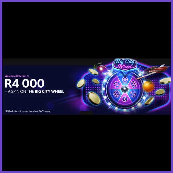 A screen displaying the Jackpot City welcome offer up to R4000 + a spin on the Big City Wheel.