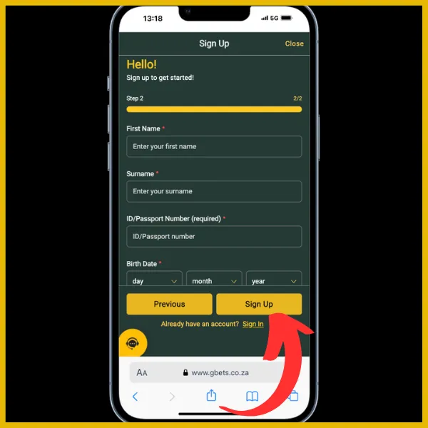 Gbets registration process requiring personal details. Red arrow pointing to sign up button