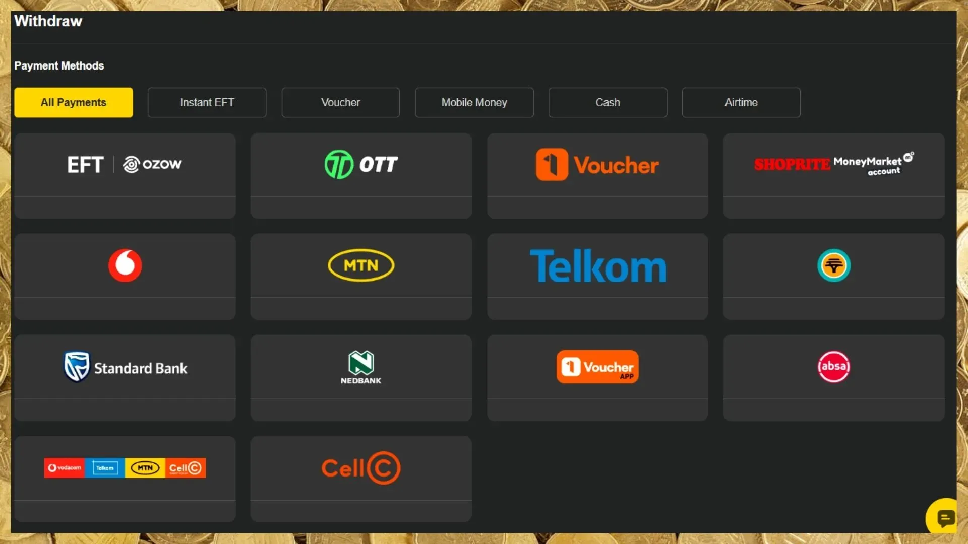 Easybet online casino withdrawal cashier interface showing payment options like Ozow and FNB eWallet in South Africa.