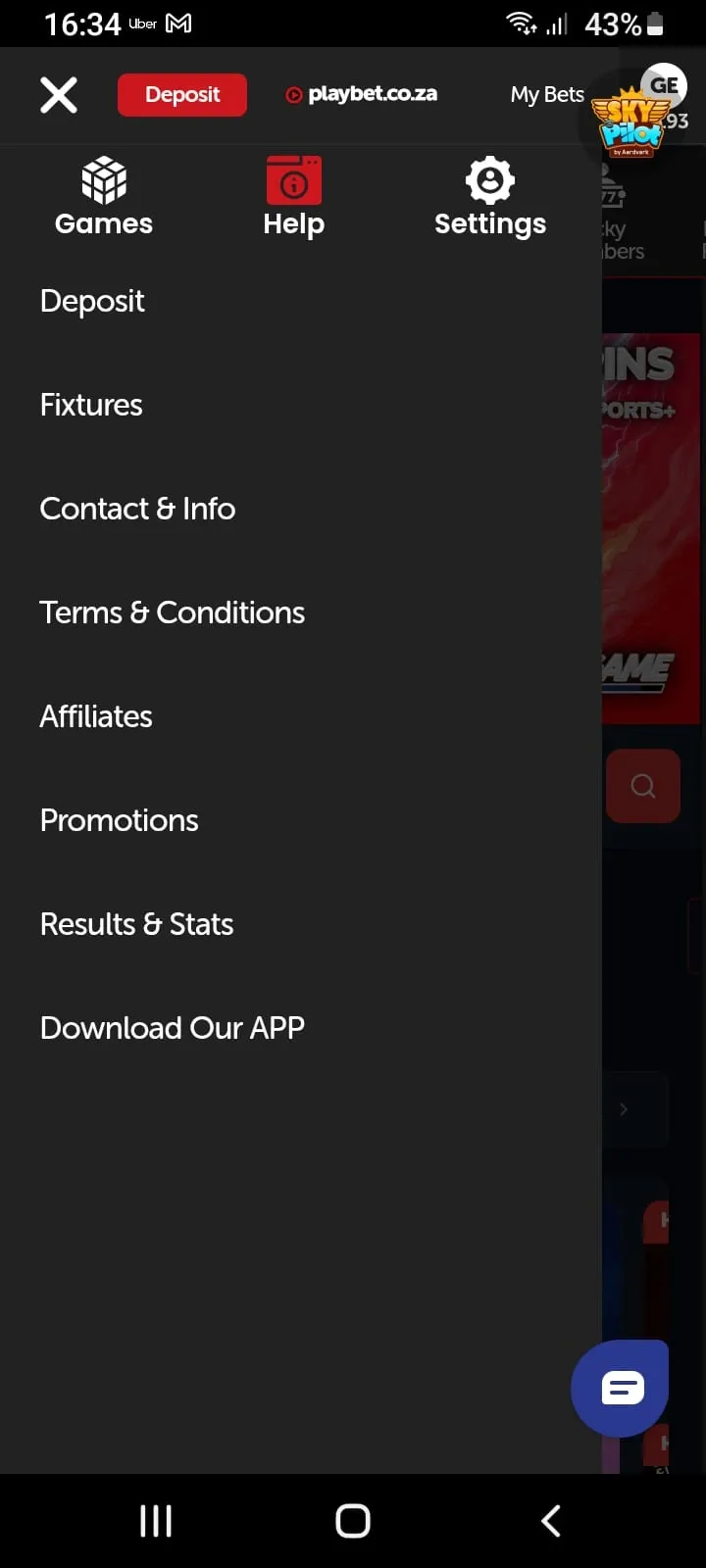 Playbet app side menu with "Download Our App" button at the bottom.