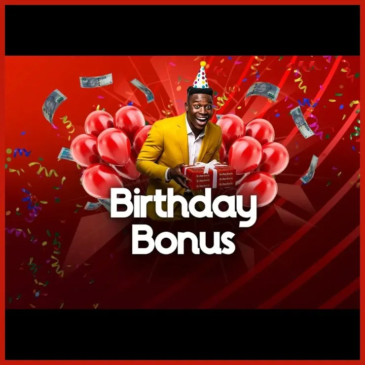 Promotional banner for TicTac Bets Birthday Bonus depciting a smiling man in a yellow suit holding a present and wearing party hat.