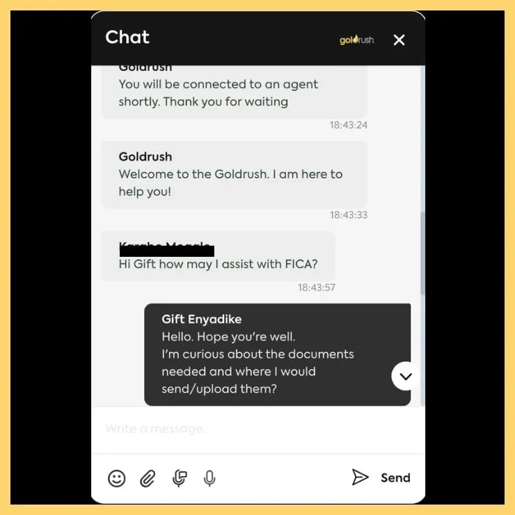 Live chat screenshot for Goldrush review showin FICA-related query.