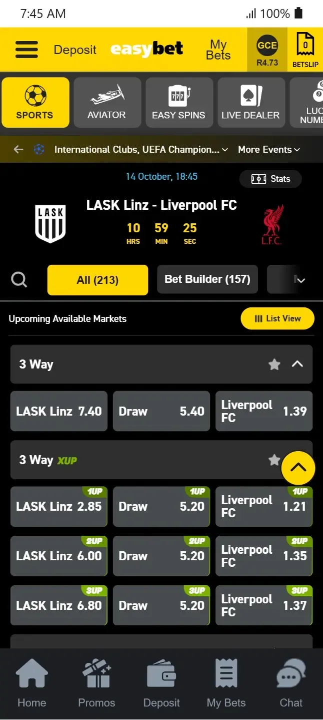 Easybet screenshot showing what is odds in betting with a Champions League match between LASK Linz and Liverpool FC on . 