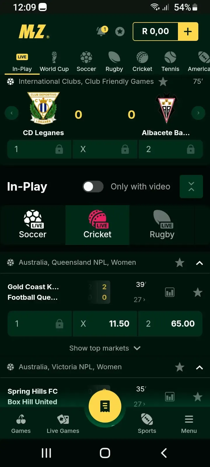 Screenshot of In-play page showing soccer and cricket matches for Mzansibet Review