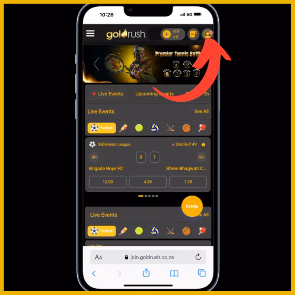 Red arrow pointing to player profile  icon on Goldrush official site. 