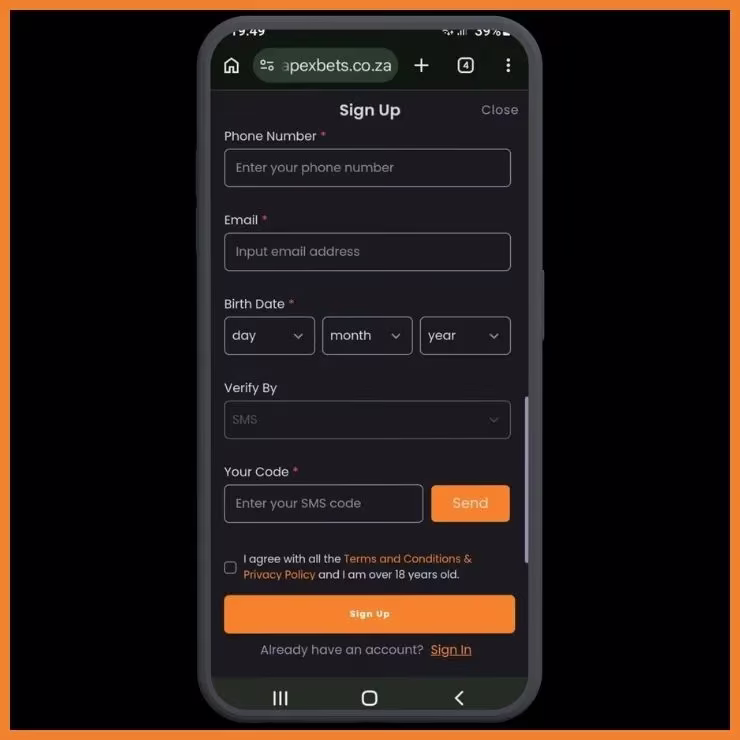 Apexbets Sign Up form showing fields for phone number and verification code via SMS.