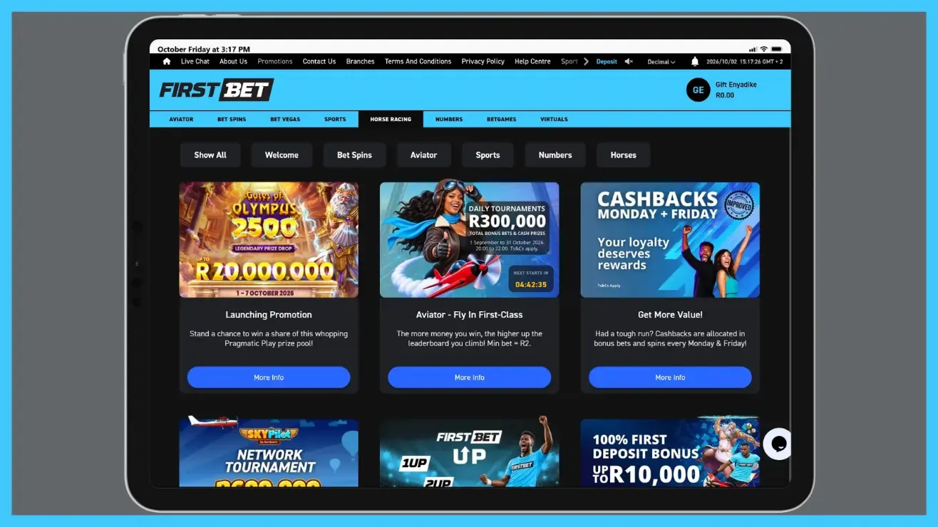 Firstbet Promotions page showing Gates of Olympus 2500, Aviator R300,000 bonus, Monday and Friday Cashbacks