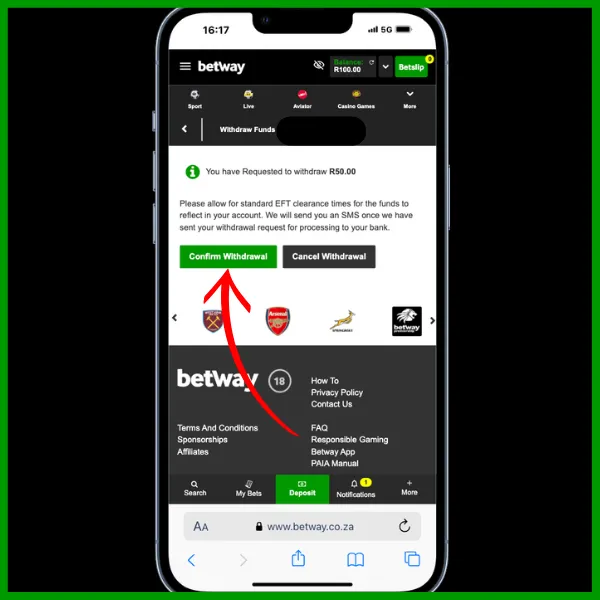 confirm withdrawal on betway