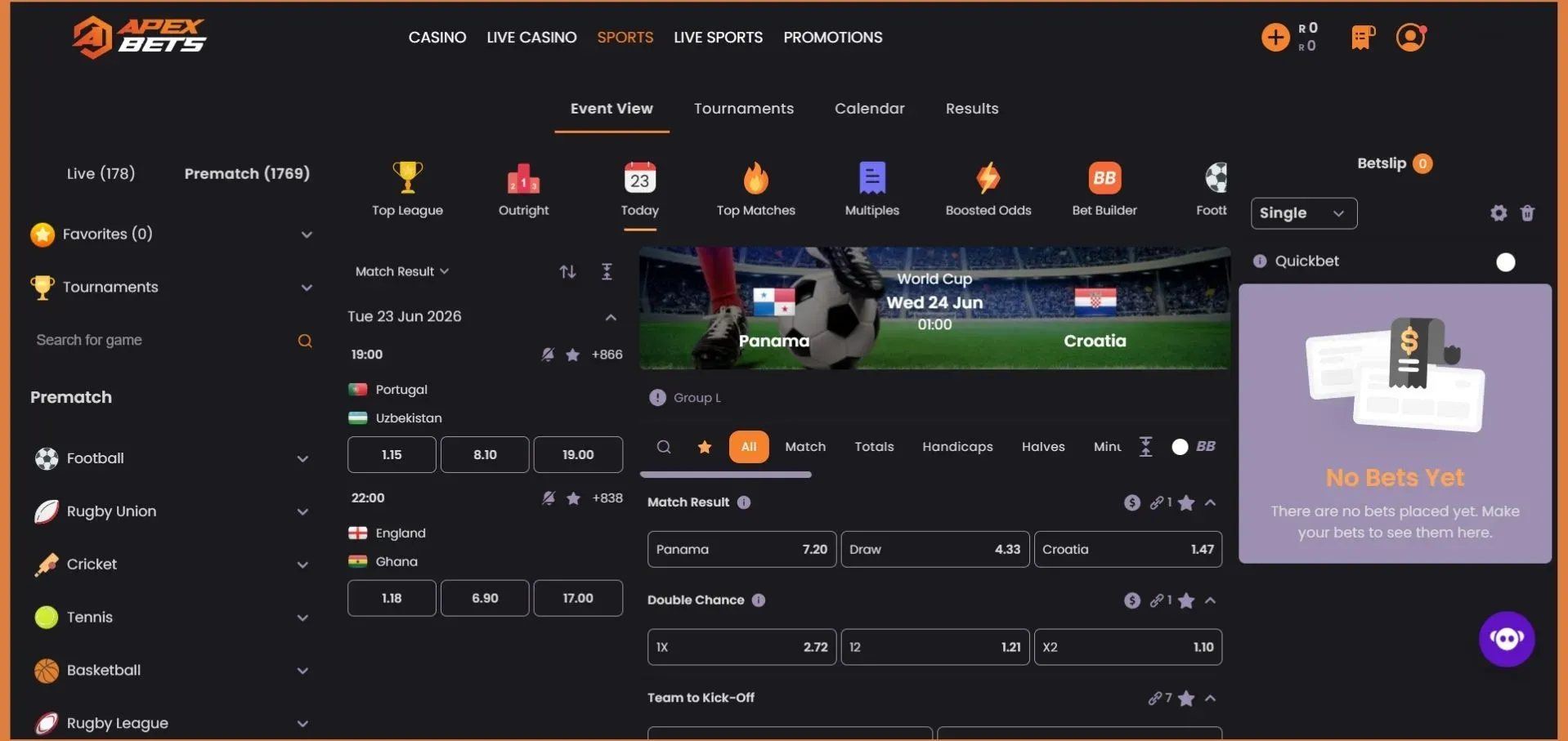 Screenshot of sportsbook for Apexbets review