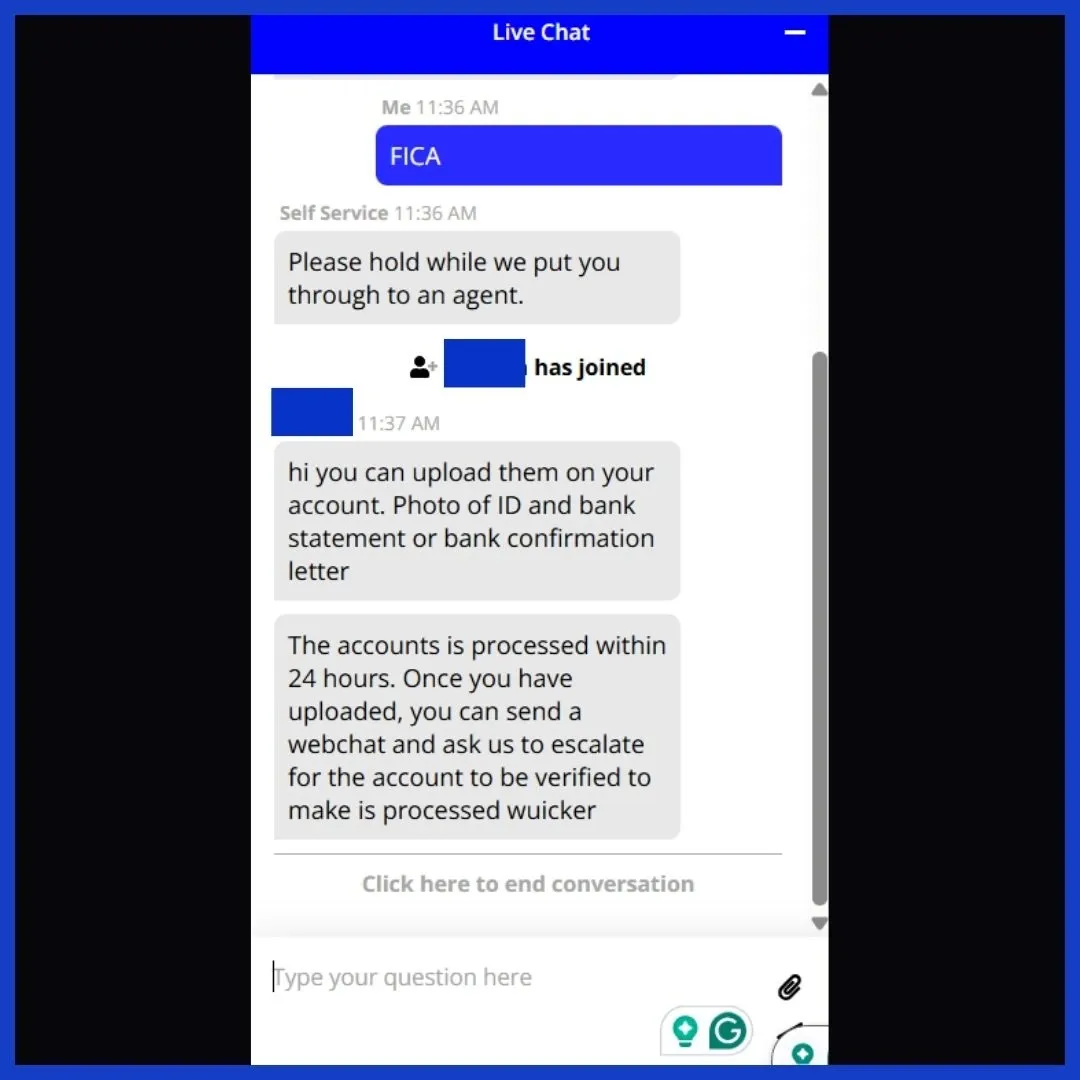 Betxchange Live Chat test 3 where agent tells us to use ID and bank staetment and confirms that verification is processed in 24 hours.