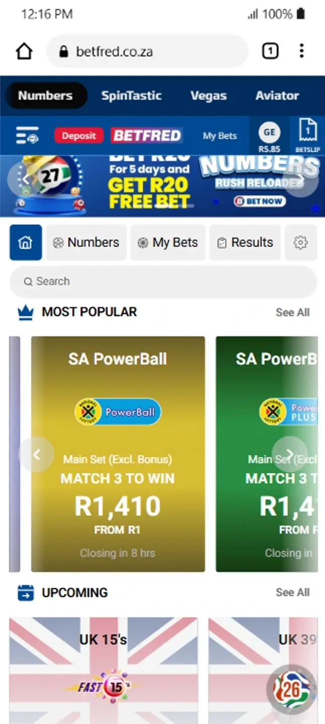 Betfred South Africa Lucky Numbers section listing popular and upcoming lottery draws, including SA PowerBall and UK 15s.