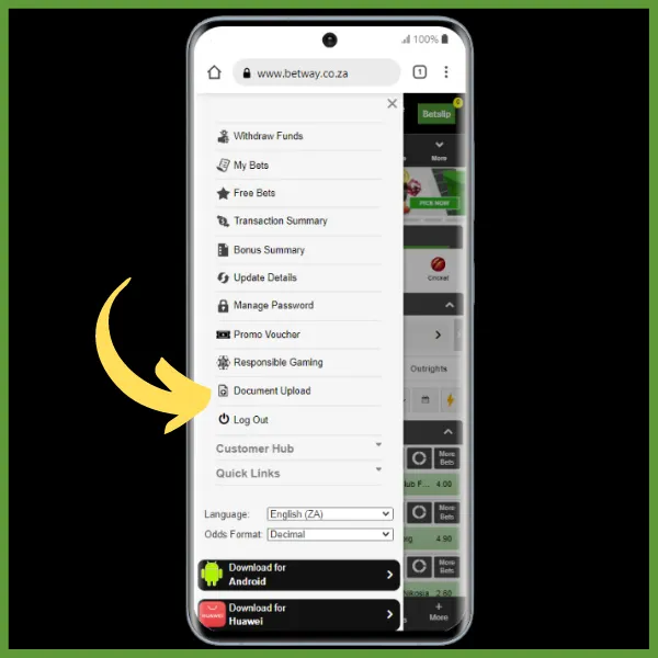 Betway account where to upload document 