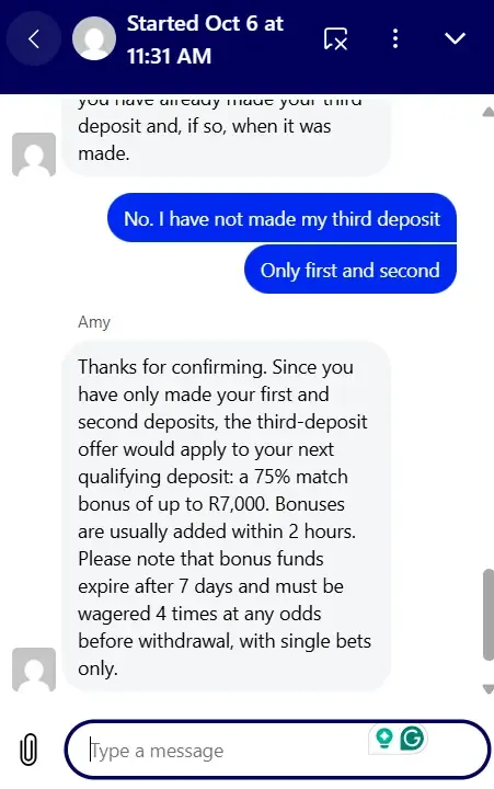 Betfred live chat screenshot where the user confirms only making two deposits and agent verifies that the next deposit will qualify for the 75% match bonus up to R7,000.