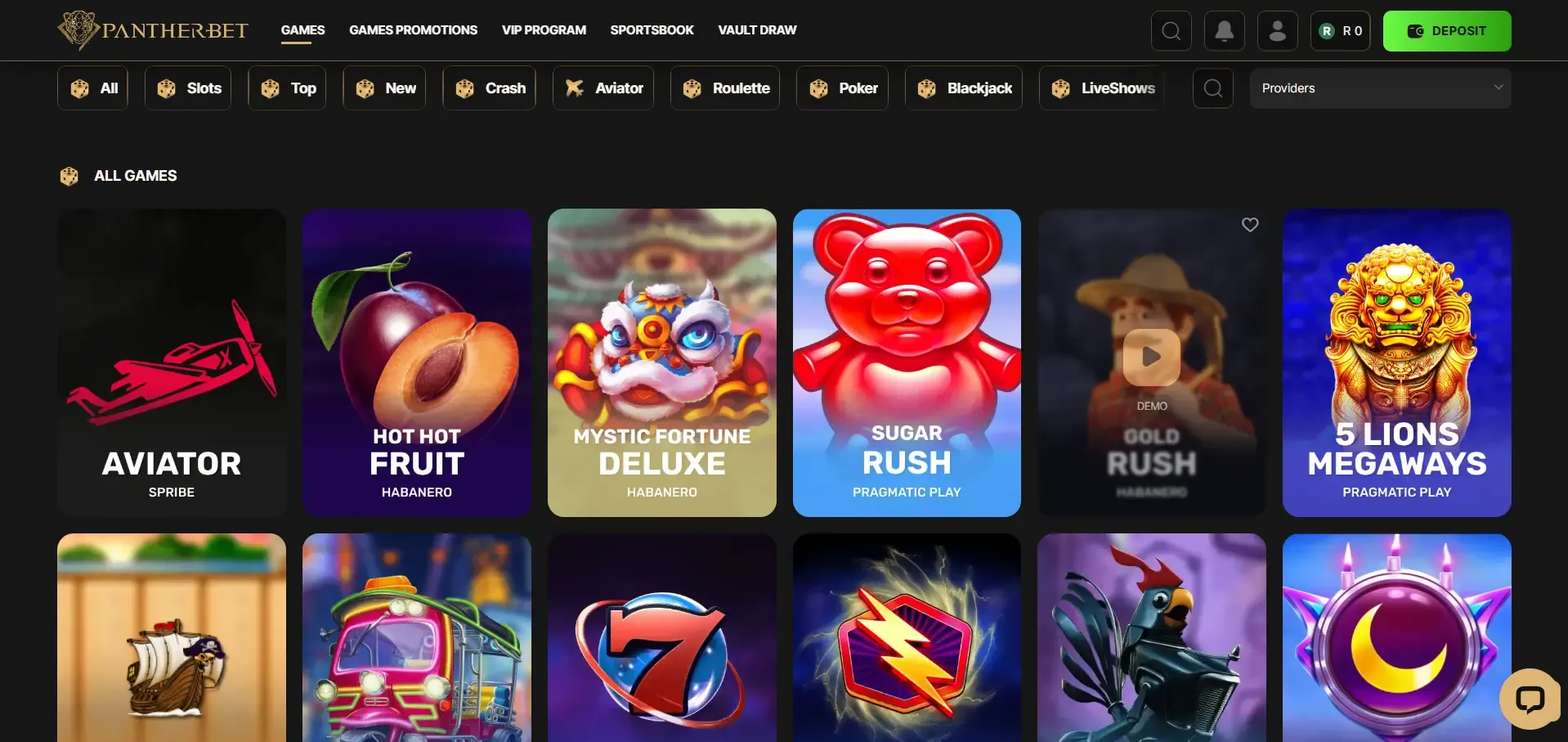 Screenshot of Pantherbet Games tab.